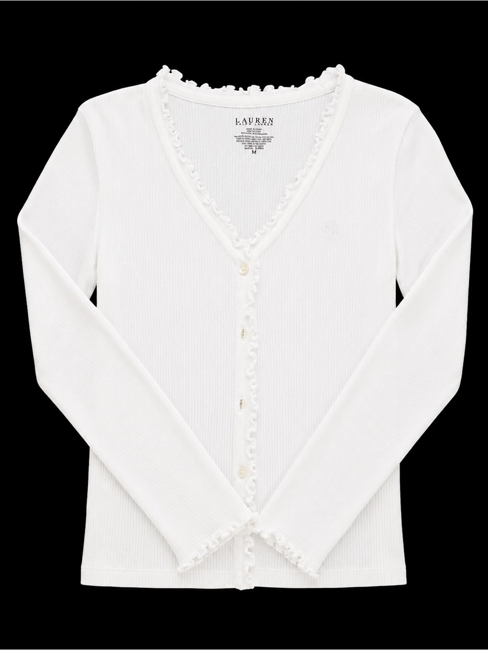 Ralph Lauren White Ruffle-Trim V-Neck Cardigan